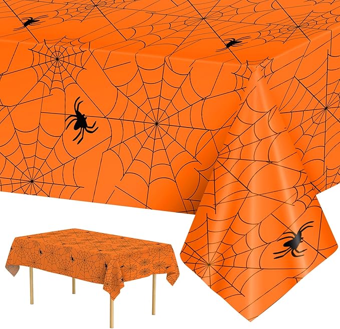 2 Pcs Halloween Tablecloth - Plastic Halloweens Spider Webs Table Cloth, Orange Disposable Rectangle Spiderweb Table Cover for Halloween Party Decorations Supplies Favors Tables Decor, 108 x 54 Inch-CasaMuseHome