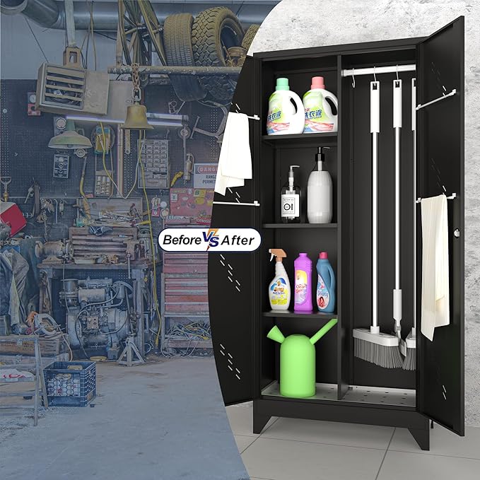 71'' Metal Storage Cabinet with Doors, Multifunctional Bathroom/Garage Lockable Steel Cabinet, Broom Closet Storage with Hanging Rod (Style-1)-CasaMuseHome