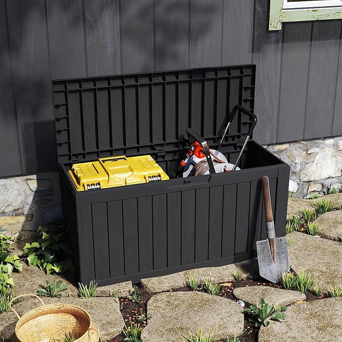 90 Gallon Lockable Resin Deck Box with Wheels, Waterproof & UV-Resistant Outdoor Storage Box for Outdoor Cushion Storage, Garden Tools & Pool Accessories Storage, Black-CasaMuseHome