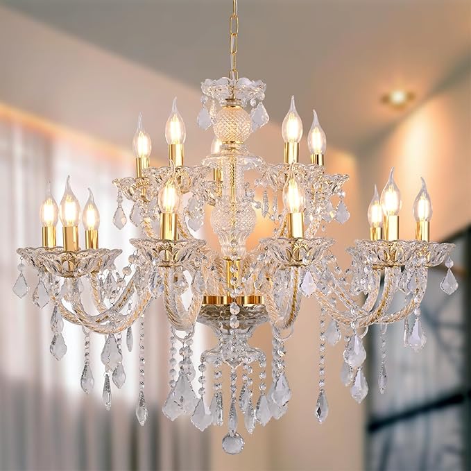 15 Light Crystal Chandelier Double Layer Flush Mount Ceiling Light Fixture with K9 Crystals for Living Room Dining Room Bedroom Luxury Hanging Lamp Lighting Fixtures-CasaMuseHome