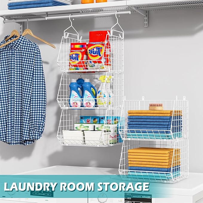 5 Tier Closet Hanging Organizer, Clothes Hanging Shelves with 4 Hanging Hooks 5 S Hooks, Wire Storage Basket Bins, for Clothing Sweaters Shoes Handbags Clutches Accessories Patent Design-White-CasaMuseHome