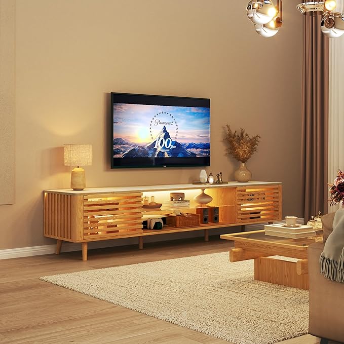 70" Mid Century Modern TV Stand for 55/65/75 Inch TV, Faux Marble Top Entertainment Center with Slatied Sliding Door & LED Lights, Low TV Console with Glass Shelves for Bedroom, Living Room-CasaMuseHome