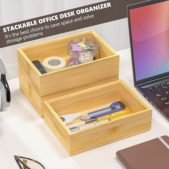 Kitchen Drawer Organizer Bins, Stackable Bamboo Drawer Organizer for Silverware, Flatware, Deep Office Desk Drawer Organizer Tray, Desktop Pen, Office Organization 9" x 6" x 2.5" (Set of 2)-CasaMuseHome