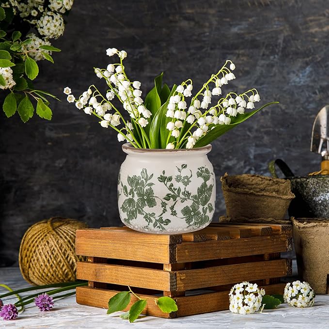 2 Pcs Vintage Planter Large Ceramic Plants Pot Beige Green Vintage Floral Ice Crack Cottage Scroll Vase Flower Vase Pot Indoor Plants Home Kitchen Decor Farmhouse Antique Decorative Gifts-CasaMuseHome