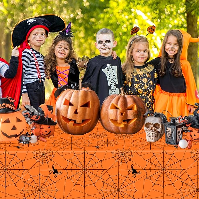 2 Pcs Halloween Tablecloth - Plastic Halloweens Spider Webs Table Cloth, Orange Disposable Rectangle Spiderweb Table Cover for Halloween Party Decorations Supplies Favors Tables Decor, 108 x 54 Inch-CasaMuseHome