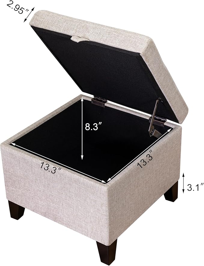 Adeco 18 Inch High Cube Ottoman Storage, Linen Chair Foot Stools, Upholstered Vanity Stool with Hinged Lid, Solid Wood Legs (Beige Grey)-CasaMuseHome