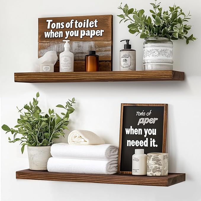 24"x6.8"x1.2" Solid Wood Floating Shelves 2-Pack - Rustic Brown Finish with Hidden Brackets, Perfect for Storage and Décor in Living Room, Kitchen, Bedroom-CasaMuseHome