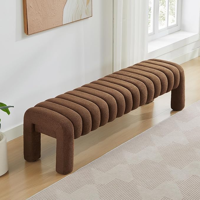 63" Bedroom Bench, Upholstered Entryway Bench, Modern End of Bed Ottoman with Solid Wood Legs and Adjustable Foot Pegs for Entryway, Dining Room and Living Room (Brown Boucle)-CasaMuseHome