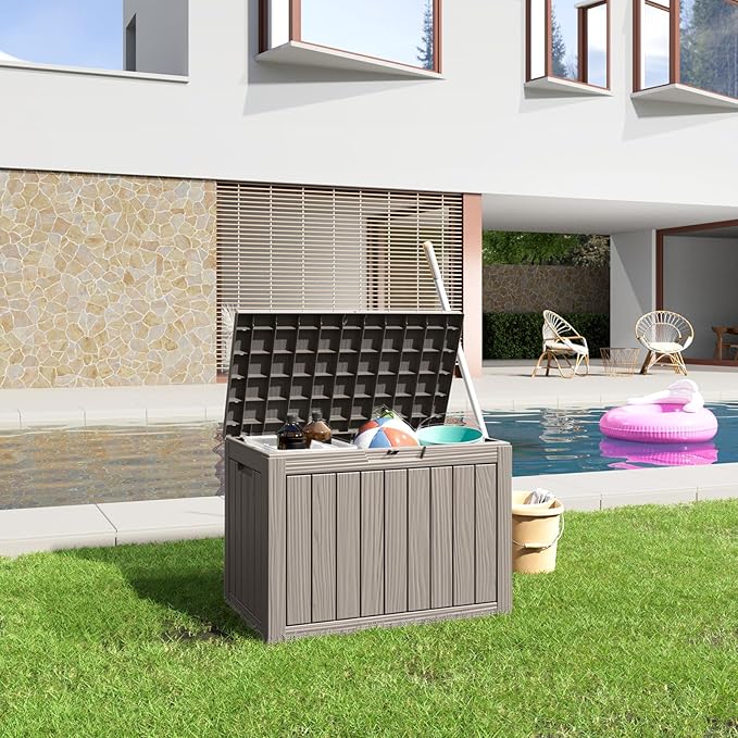 45 Gallon Resin Deck Box, Lockable Patio Outdoor Storage Box for Furniture, Garden Tools and Tools Storage, Waterproof Outside Storage Boxes - Grey-CasaMuseHome