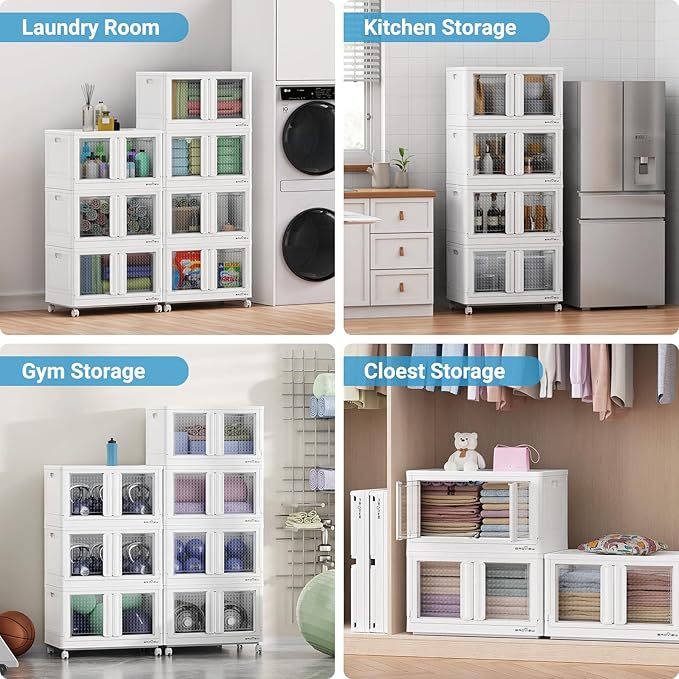 400Qt Stackable Storage Bins with Lids, 100Gal Closet Organizers and Storage Drawer, Plastic Collapsible Storage Bins with Doors, Heavy Duty Store Box Cabinet for Home Kitchen, 4Pack White-CasaMuseHome