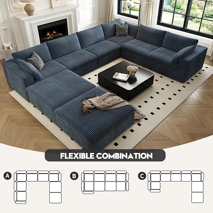 157.5" Cloud Couch Oversized Modular Sectional Sofa for Living Room,Modern Sofa with Deep Seat，8 Seater Boneless Couch with 2 Ottoman,Comfy Upholstered Couches for Apartment, Studio, Office,Blue-CasaMuseHome