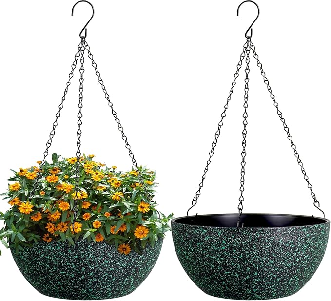 13inch Large Hanging Planters Pots for Outdoor Indoor Plants with Drainage Holes and Chain, 2pack Round Hanging Flower Pots for Garden Home Porch Decor, Black with Green Speckles-CasaMuseHome