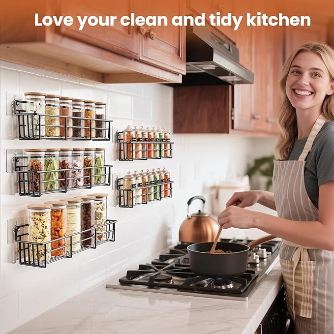 5 Pack Spice Rack Seasoning Organizer Wall Mount, Screw or Adhesive Hanging Shelf Basket Spice Organizer Shelf for Kitchen, Black-CasaMuseHome