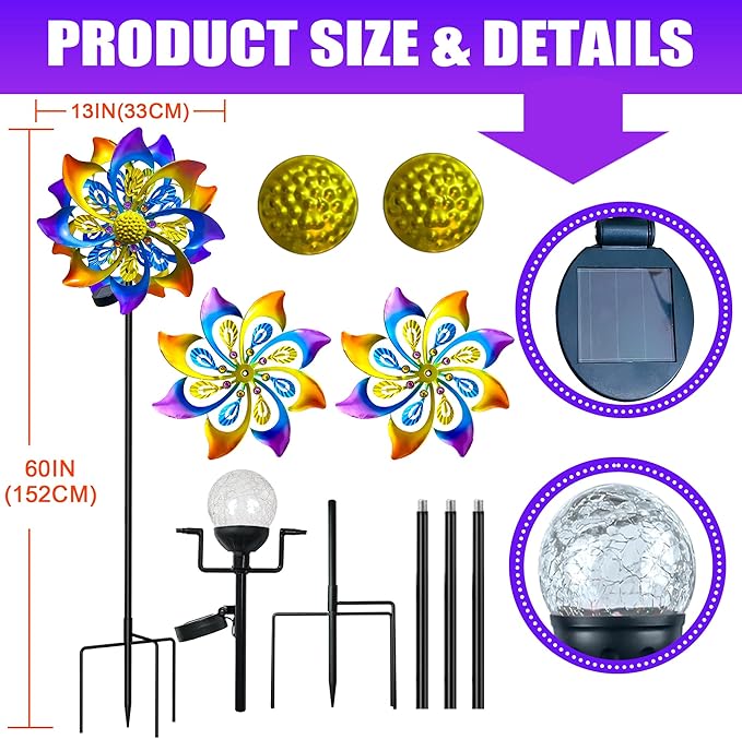 60 Inch Solar Wind Spinner Outdoor - Double-Sided Rotating Colorful Kinetic Wind Spinners for Garden, Yard Decorations Outdoor,Metal Wind Sculptures & Spinners, Wind Art-CasaMuseHome