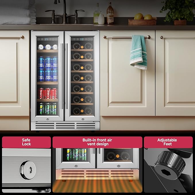 24" Wine and Beverage Refrigerator, Dual Zone Wine Cooler with Glass Door, Hold 88 Cans & 21 Bottles, Built in or Freestanding Under Counter Wine Fridge with Blue LED Light.-CasaMuseHome
