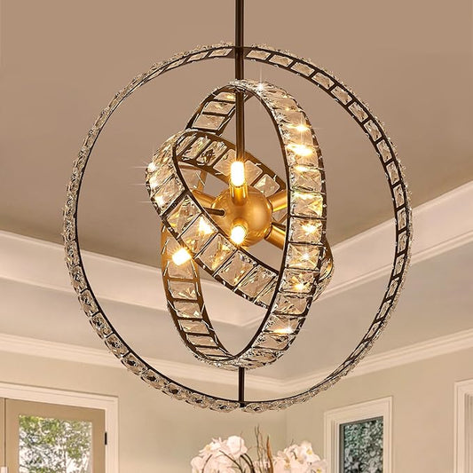 18" Crystal Globe Sputnik Chandelier, 6-Light Black Gold Modern Adjustable Hanging Ceiling Pendant Light Fixture for Entryway Foyer Stairway Bedroom Dining Living Room Hallway-CasaMuseHome