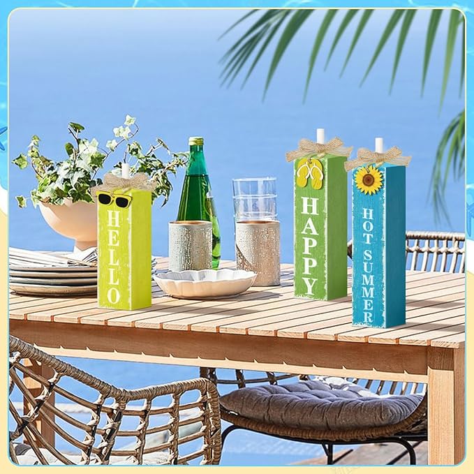 3 PCs Wooden Tiered Tray Decor Hello Happy Hot Summer Rustic Table Decor Block Signs for Beach Island Home Office Decorations (Summer-1)-CasaMuseHome