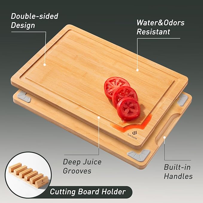 5 Packs Bamboo Cutting Board Set with Non Slip Feet Holder and Over Sink Nice Solid Thick Wood Juice Groove Chopping Board Small Big Xl XXl xlarge Oversized Kitchen Counter Organic Vegetable Meat Kit-CasaMuseHome