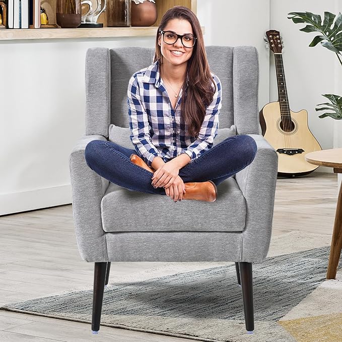 Accent Chair Set of 2, Upholstered Armchair with Pillow, Fabric Single Sofa Chair with Lounge Seat and Wood Legs Accent Chair for Living Room Small Spaces (Grey, Set of 2)-CasaMuseHome