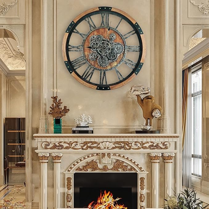 24 Inch Moving Gear Wall Clock, Oversized Wall Clocks, Clock Living Room Decor, Solid Wood Frame, Battery Operated, Large Wall Clock with Steampunk Industrial for Fireplace(Brown)-CasaMuseHome