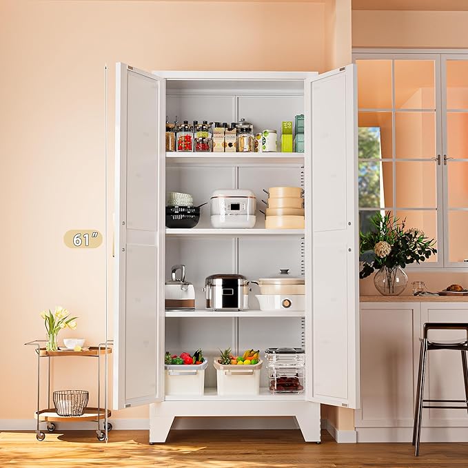 61" Tall Farmhouse Metal Pantry Cabinet, Kitchen Pantry Storage Cabinets with 2 Barn Door and Adjustable Shelves,Metal Pantry Storage Cabinet,for Kitchen,Laundry Room,Home Office,Kids Room (White)-CasaMuseHome