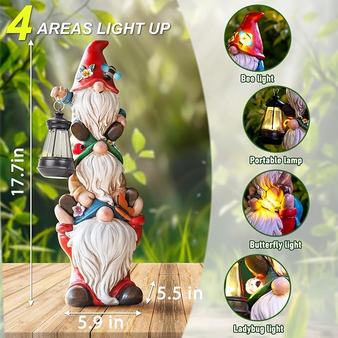 17 in Large Garden Gnome Statue with Solar Lights Sculptures Funny Triple Big Gnome Outdoor Patio Lawn Yard Balcony Garden Home Decor Gifts for Women Mom-CasaMuseHome