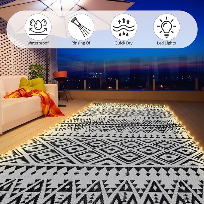6x9ft Waterproof Outdoor Rug with LED Lights, Bohemia Reversible Plastic Straw Mat for Patio RV Camping Picnic Balcony Beach Deck Indoor Outdoor Carpet, Black&White-CasaMuseHome