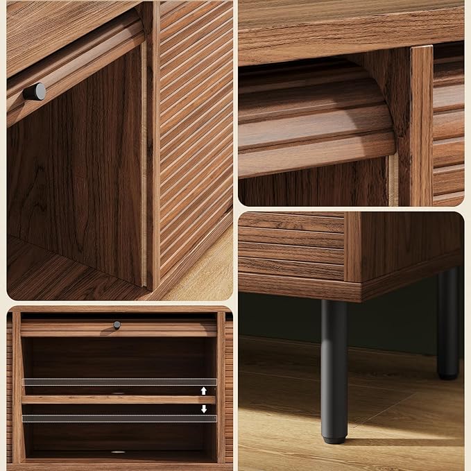 59 Inch TV Stand with Power Outlet for TVs up to 65 Inch, Entertainment Center with Storage, Mid-Century Modern TV Console, Adjustable Shelf & Sliding Doors, TV Stand for Living Room, Bedroom, Walnut-CasaMuseHome