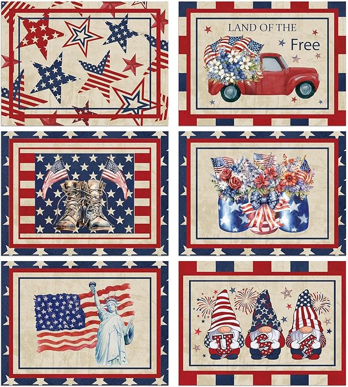 4th of July Placemats Set of 6 Patriotic Plastic Table Mats Independence Memorial Day Vintage America Flag Stars Stripe Place Mats Vinyl Table Decoration for Indoor Outdoor Party Kitchen Dining-CasaMuseHome