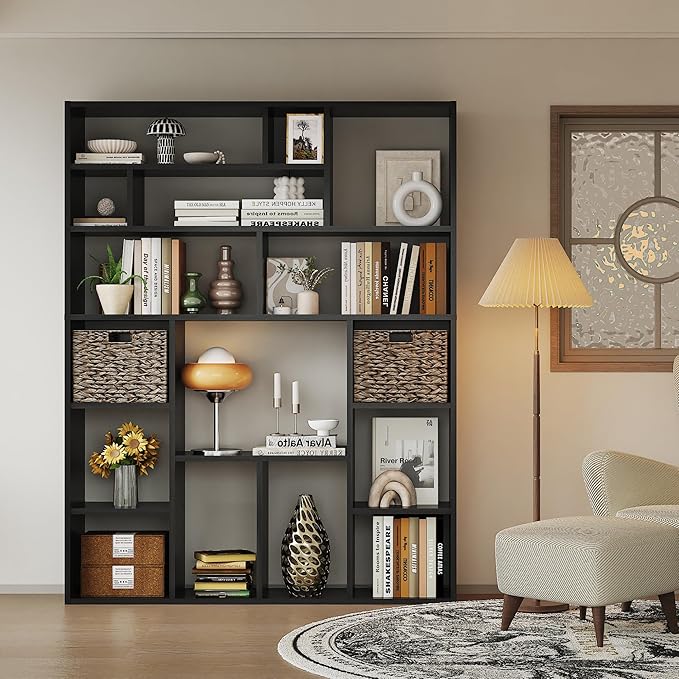 71” Tall Open Black Bookcase with Baskets, Free-Standing 6-Tier Wooden Display Storage Bookshelves with 16 Irregular Cubes for Living Room, Home Decor-CasaMuseHome