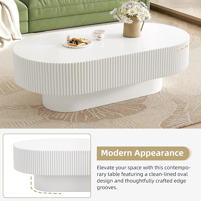 43.3" Oval Fluted Coffee Table Modern Elegant Drum End Table, Minimalist Center Table 7.8" Thick Tabletop with Sturdy Base for Living Room, Bedroom, Apartment,Easy Assembly, White-CasaMuseHome