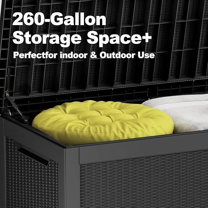260 Gallon Deck Box XXL Large Outdoor Storage for Patio Furniture,Outdoor Cushions,Garden Tools and Pool Supplies,Waterproof,Resin,Lockable(Black Rattan)-CasaMuseHome