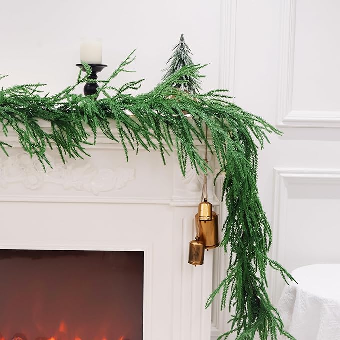 2PCS 9FT Christmas Garland Norfolk Pine Garland Real Touch Artificial Greenery Garland for Mantle Fireplace Table Indoor Outdoor Decor (Normal)-CasaMuseHome