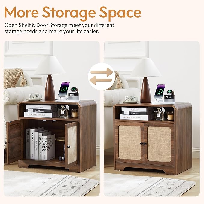 24" Large Side Table with Charging Station, Mid Century Modern End Table with USB/Type-C Ports, Curved Wood Nightstand with Storage & Natural Linen, Couch Side Table for Living Room Bedroom, Walnut-CasaMuseHome