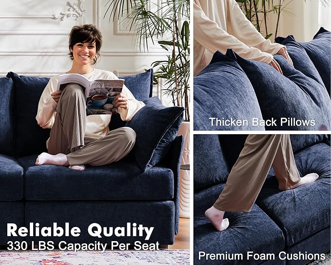 136.4" Oversized Modular Sectional Sleeper Sofa Bed, U Shaped Convertible Couch with Movable Ottoman, Large 8 Seat Corner Couches for Living Room Deep Seat Blue Chenille-CasaMuseHome