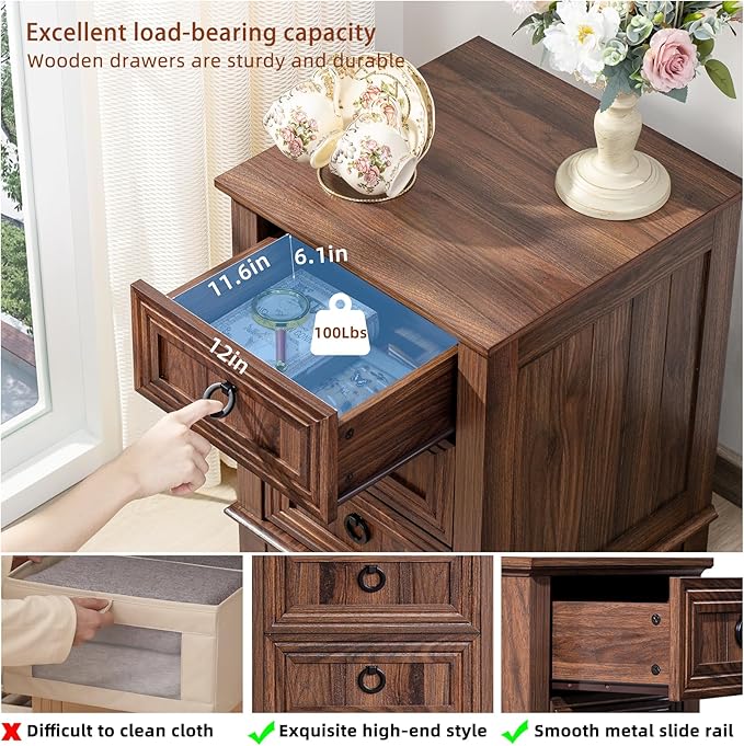 18" Farmhouse Night Stand with 3 Drawers, Wood End Table Dresser for Bedroom, Retro Nightstand, Bed Side Table with Metal Handle, Bedside Cabinet for Bedroom Living Room, Closet-CasaMuseHome