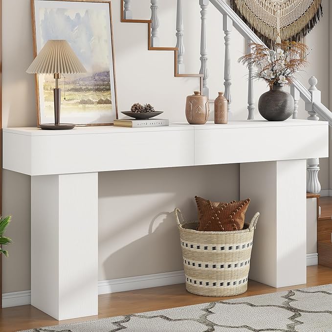 63 Inch Long Console Table for Entryway, Farmhouse Wood Rectangular Sofa Table Behind Couch Table, Narrow Entryway Table for Living Room, Entrance, Hallway, Foyer, Easy Assembly (Classic White)-CasaMuseHome