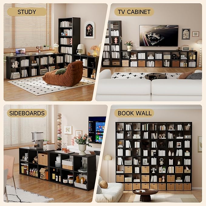 6 Cube Storage Organizer, Black Bookshelf with Storage, 2 Tier Storage Cubes, Freestanding Storage Organizer with Shelves for Living Room, Study-CasaMuseHome