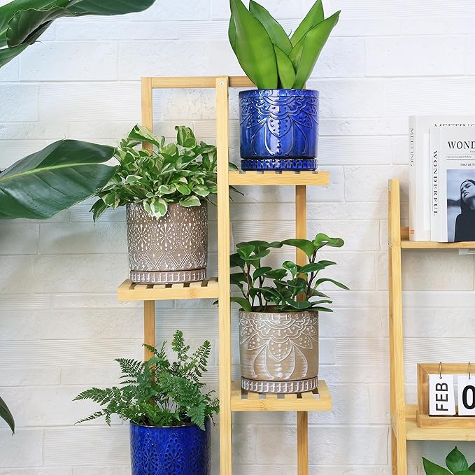 6 Inch Indoor Plant Pots with Drainage Holes and Saucers, Ceramic Planter for Plants, Flower Pot - Set of 2-CasaMuseHome