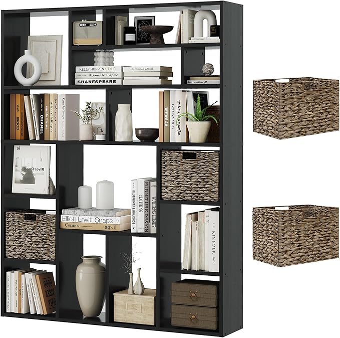 71” Tall Open Black Bookcase with Baskets, Free-Standing 6-Tier Wooden Display Storage Bookshelves with 16 Irregular Cubes for Living Room, Home Decor-CasaMuseHome