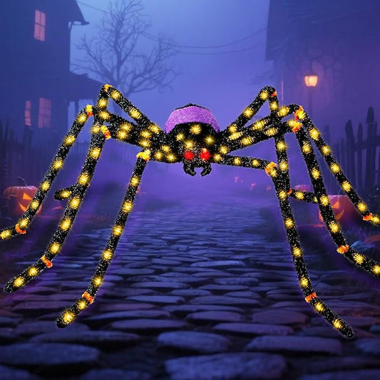 5.5FT Giant Spider Halloween Decorations with 100 LED, Plug-in Pre-Lit Light Up Scary Spider Halloween Decorations, Large Spider Decorations for Outdoor, Yard, Lawn, Exterior Walls-CasaMuseHome