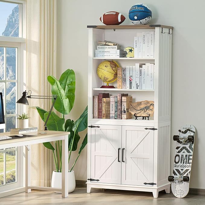 5 Tier Bookshelf 70in Tall Bookcase with Barn Doors and Storage Cabinet, White Farmhouse Book Shelf with Adjustable Shelves, Wood Freestanding Display Bookshelves for Bedroom, Kitchen (2PCS)-CasaMuseHome
