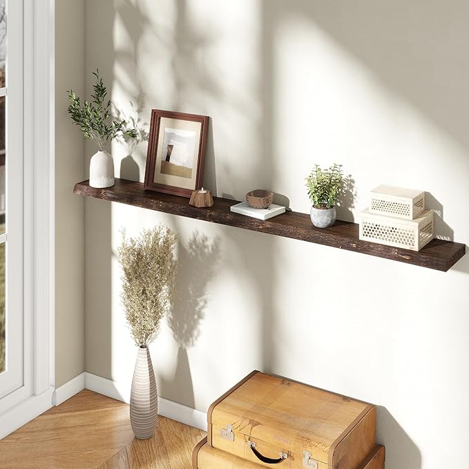72" Floating Shelves, Live Edge Elm Wood Floating Shelf for Wall, Wall-Mounted Display Shelves with Invisible Heavy-Duty Bracket, Long Floating Shelf for Bathroom, Kitchen, Living Room, Walnut Color-CasaMuseHome