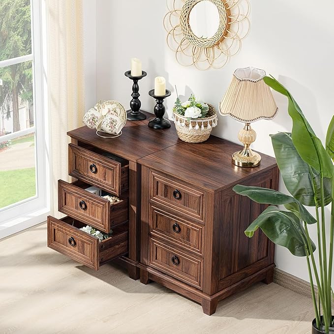 18" Farmhouse Night Stands Set of 2 with Charging Station, 2 & 3 Drawers End Table Dresser for Bedroom, Brown Wooden Nightstand, Bed Side Table with Open Shelf, Bedside Cabinet for Living Room-CasaMuseHome