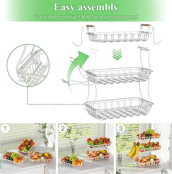 3 Tier Fruit Basket with 2 Banana Hooks, Large Capacity Multifunctional Detachable Sturdy Fruit Bowl with Wooden Handle Mesh Top for Kitchen Counter, for Bread Snacks Vegetables Produce, White-CasaMuseHome