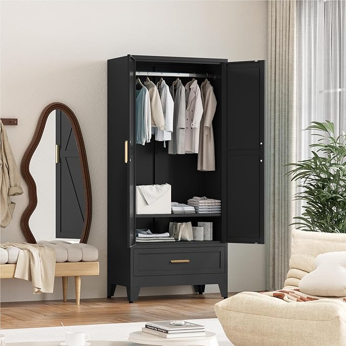 71'' Black Farmhouse Metal Wardrobe Cabinet with Hanging Rod, 2 Barn Door Wardrobe Closet with Adjustable Shelves,Drawer,for Dining Room,Bedroom,Living Room, Cloak Room,Office-CasaMuseHome