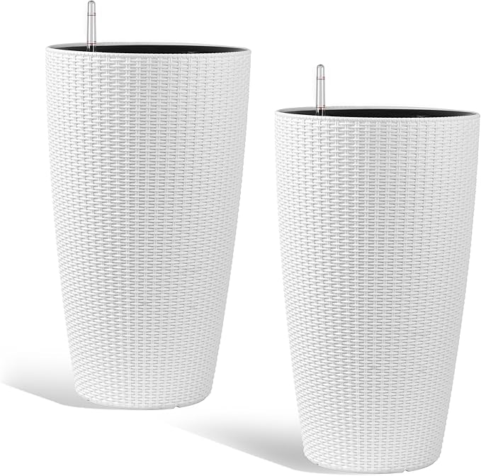 2Pack 22" High Modern Plant Pots Planter-Self-Watering Indoor/Outdoor Planting with Drain Holes, Water Level Monitor, Inner Bucket for Front Porch Patio, White Rattan Conical-CasaMuseHome