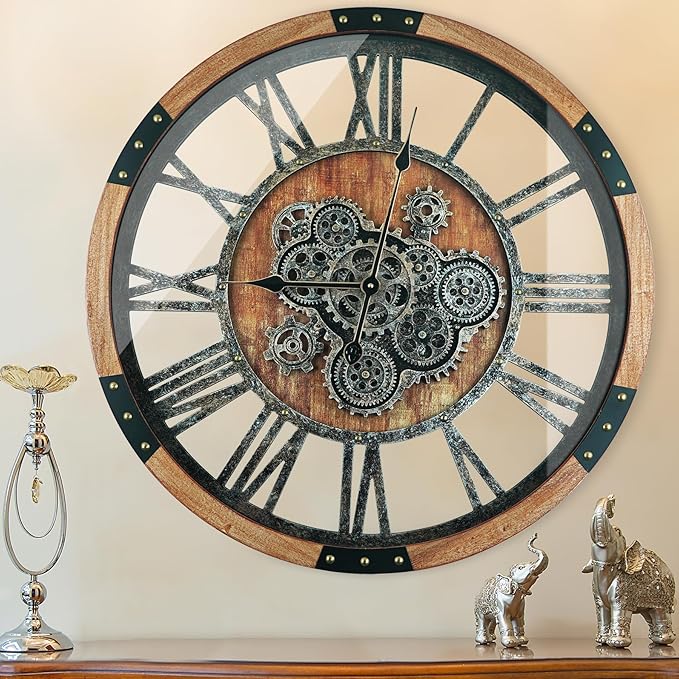 40 Inch Oversized Moving Gear Wall Clock, Large Wall Clock Living Room Decor, Solid Wood Frame, Battery Operated, Steampunk Industrial for Fireplace (Brown)-CasaMuseHome