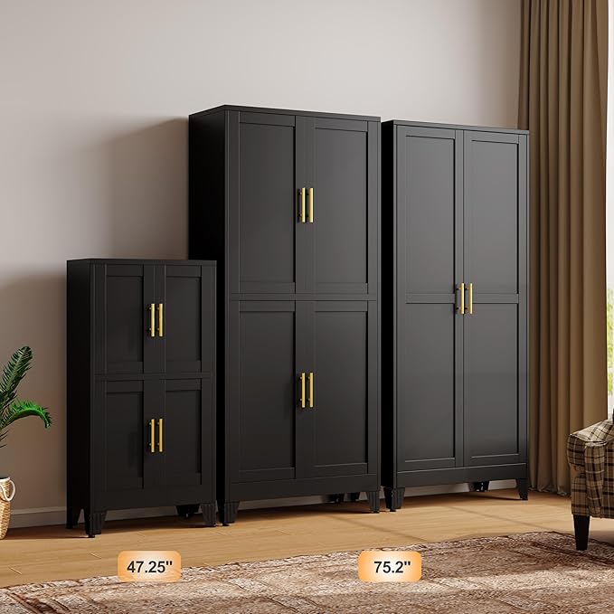 47.25" Metal Storage Cabinet, Black Kitchen Food Storage with 4 Door and 2 Adjustable Shelves, Freestanding Bathroom Cabinet, Pantry for Kitchen Dinning Room, Cupboard-CasaMuseHome