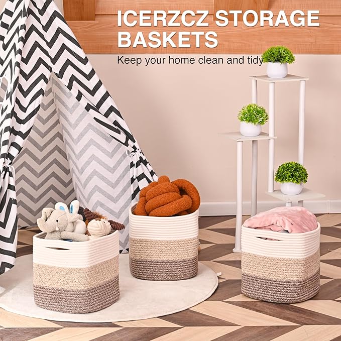 11 Inch Cube Storage Bins, Storage Cube Organizer Bins, Woven Cotton Rope Baskets for Storage, Storage Basket for Organizing Shelves, Square Baskets for Toys, Gradient Brown (Pack of 3)-CasaMuseHome